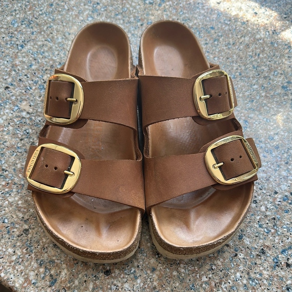 Birkenstock Arizona Big Buckle Sandals in Cognac Oiled Leather with Gold Buckles